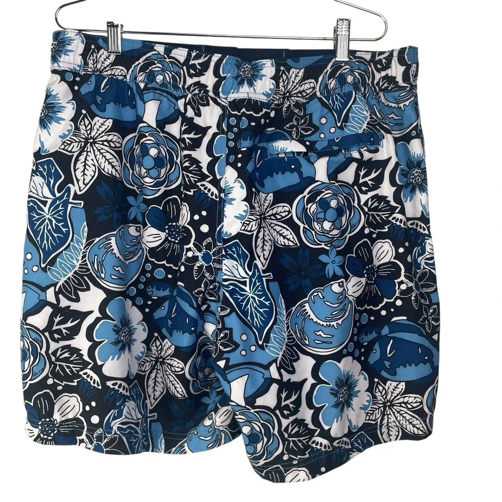 Nautica Mens Blue Tropical Hawaiian Floral Lined Swim Trunks Bathing Suit Size L